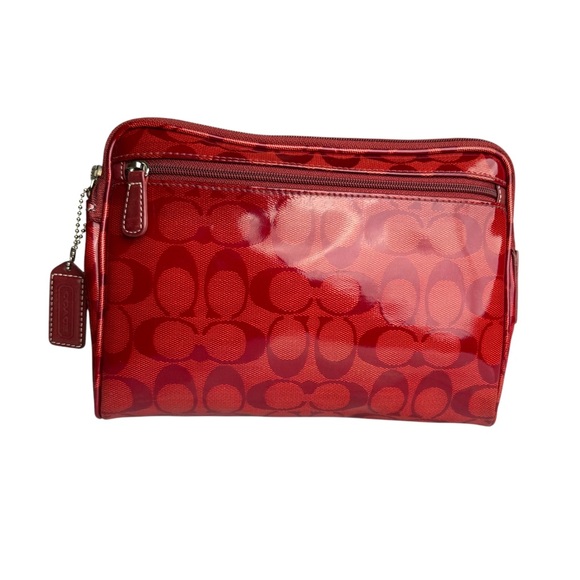 Coach Signature Red Patent Leather Accents Handbag Clutch Make up Case Women’s - Picture 15 of 17